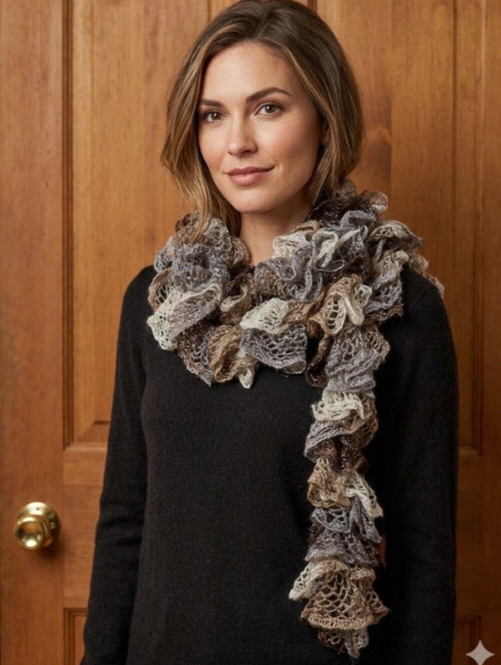 Handmade Lace Ruffle Knit Scandi Scarf Taupe Brown Ivory Silver Metallic OS